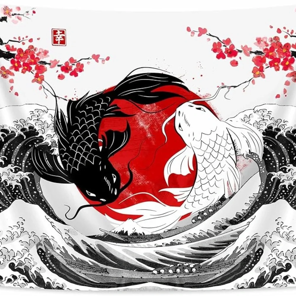 Japanese Koi Fish Wall Tapestry - Black, White, and Red